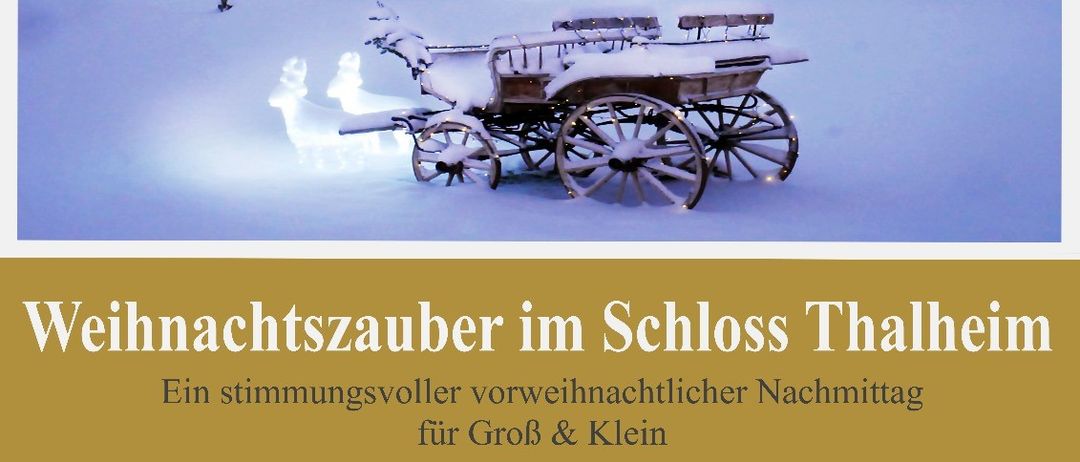 Eine Werbung für Weihnachtszauber im Schloss Thalheim. Das Bild zeigt einen Schlitten im Schnee mit musikalischen Darbietungen, einem Clown und einem Bastelworkshop. Die Veranstaltung ist für alle Altersgruppen gedacht.