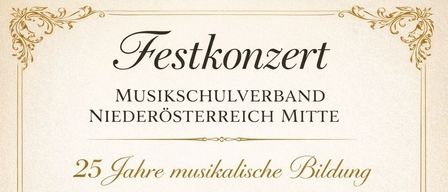Eine Luftaufnahme eines Schlosses mit einem Garten und roten Dächern. Das Schloss ist von Bäumen und Gras umgeben. Es steht '25 Jahre musikalische Bildung'. Das Datum und die Uhrzeit der Veranstaltung sind der 22. Mai 2026 um 16:00 Uhr.