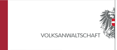 Ein weißer Hintergrund zeigt das Logo der Volksanwaltschaft mit einem Adler, einem Schild und Text in Deutsch.