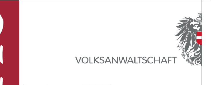 Ein weißer Hintergrund zeigt das Logo der Volksanwaltschaft mit einem Adler, einem Schild und Text in Deutsch.