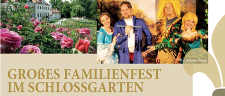 An outdoor festival poster with an image of a garden with flowers, a man and a woman in historical costumes, and a man in a lion costume.