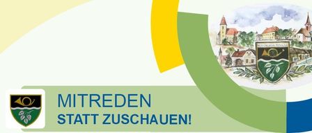 Ein Werbeplakat für Mitreden Statt Zuschauen zeigt eine Aquarellmalerei eines Dorfes mit einem Schloss, umgeben von Bäumen und Häusern. Das Plakat enthält einen grünen Schild mit einem Blattdesign und die Worte 'Mitreden Statt Zuschauen' in fetten blauen Buchstaben.