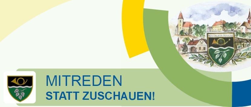 Ein Werbeposter für Mitreden mit einer Aquarell-Illustration eines Dorfes mit einer Burg und Kirche, vor einem grünen und gelben Hintergrund. Der Text 'MITREDEN STATT ZUSCHAUEN!' ist prominent angezeigt.