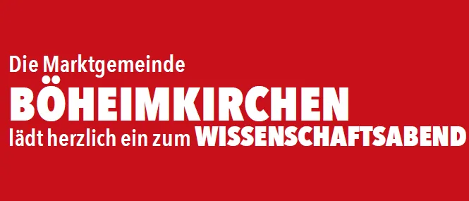Ein roter Hintergrund mit weißem Text, der 'Die Marktgemeinde BOHEIKMKICHEN' und ein Logo eines roten Drachen auf einem Schild mit einer Burg und einem grünen Hügel zeigt.