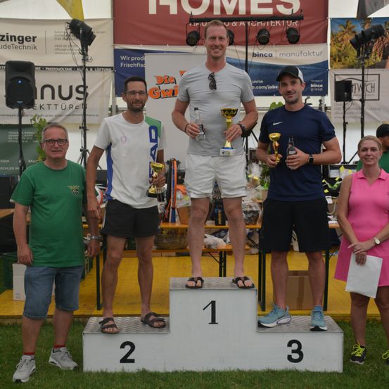 Eine Gruppe von fünf Personen, darunter Männer und Frauen, steht auf einem Podium mit den Nummern 1, 2 und 3. Sie halten Pokale und einer von ihnen hält eine Flasche. Sie posieren wahrscheinlich für ein Foto. Hinter ihnen steht ein Tisch mit einem Korb und einer Aufbewahrungsbox. An der Seite befinden sich Lautsprecher und ein Stativ.