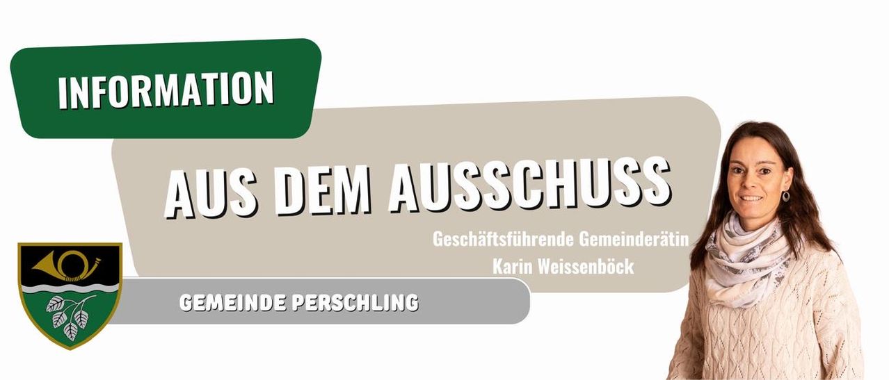 Ein Plakat mit dem Text 'AUS DEM AUSSCHUSS' in fetten weißen Buchstaben. Darunter steht der Name 'Karin Weissenbock' und darunter der Text 'GEMEINDE PERSONCHLING'. Das Plakat hat einen beigefarbenen Hintergrund.