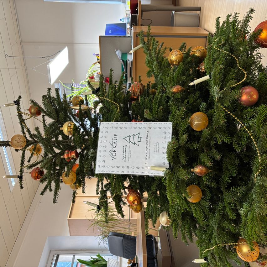 Ein Weihnachtsbaum ist mit goldenen Ornamenten und einem weißen Blatt Papier geschmückt. Der Baum steht zwischen zwei Schreibtischen mit Stühlen. Auf der linken Seite des Baumes befindet sich ein Fenster.