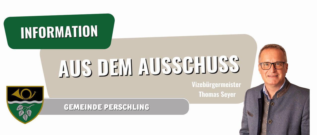 Ein beigefarbener Hintergrund mit weißem Text zeigt 'DEM AUSSCHLUSS'. Darunter steht 'Vizebürgerme', gefolgt von 'Thomas Se'. Unten ist der Text 'IDE PERSCHLING' zu sehen.