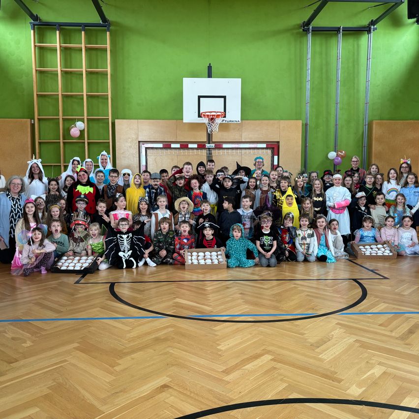 Eine Gruppe von Kindern in Kostümen posiert für ein Foto in einer Turnhalle mit einem Basketballplatz im Hintergrund. Einige tragen Schminkgesichter, und vor ihnen stehen Kartons mit Cupcakes.