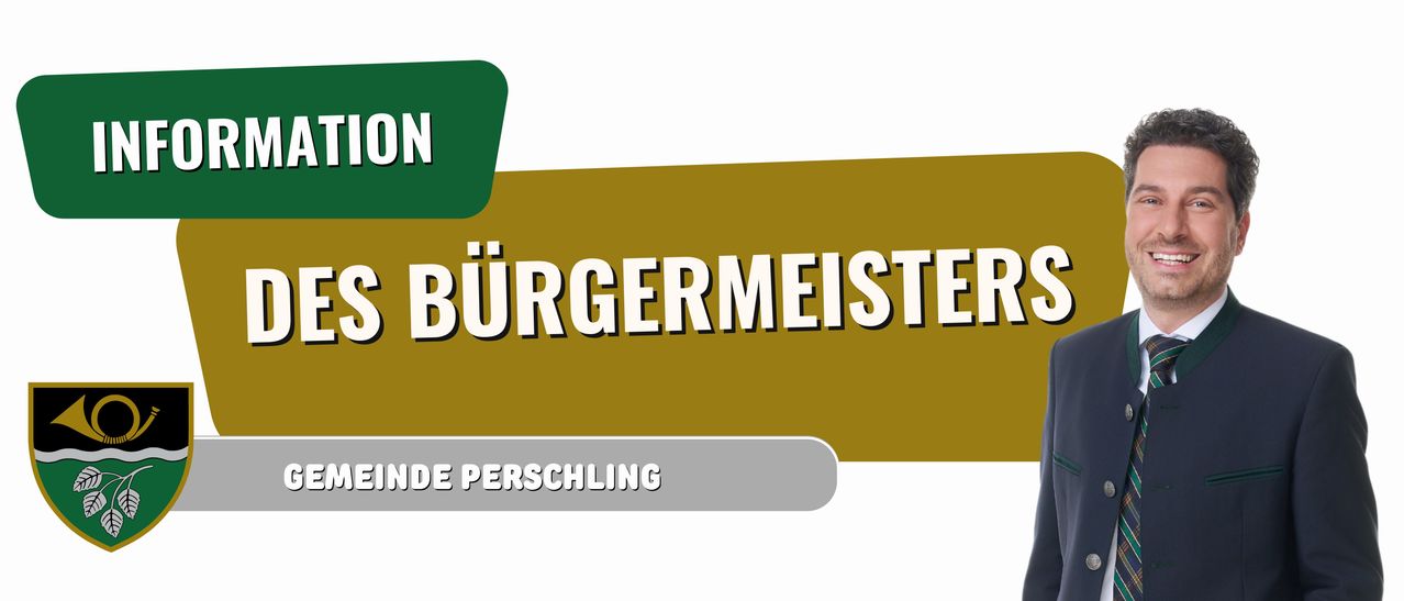 Ein brauner Banner mit weißem Text lautet 'Bürgermeister' und darunter befindet sich ein graues Feld mit weißem Text, das 'De Perschling' lautet.