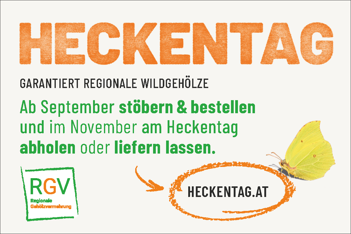 Poster advertising regional wild trees. Text reads: Plant in September, order and collect in November on Hecktag, or have them delivered. Website Hecktag.at is highlighted.