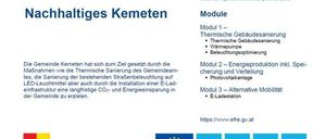 Das Bild zeigt ein Projekt namens 'Nachhaltiges Kemeten' mit Fokus auf Nachhaltigkeit. Es wird durch europäische Mittel kofinanziert. Drei Module werden vorgestellt: thermische Gebäudesanierung, Energieproduktion inkl. Speicher und Verteilung und alternative Mobilität. Das Projekt zielt auf langfristige CO2- und Energieeinsparungen. Die europäische Flagge und der Text 'Europaische Union' sind ebenfalls vorhanden.