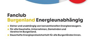 Ein Bild einer Windturbine mit einem roten Kreis auf der rechten Seite, der Informationen über eine Veranstaltung enthält. Es steht: 'Fanclub Burgenland Energieunabhängig'. Darunter sind mehrere Punkte über die Vorteile einer Mitgliedschaft im Fanclub aufgeführt.