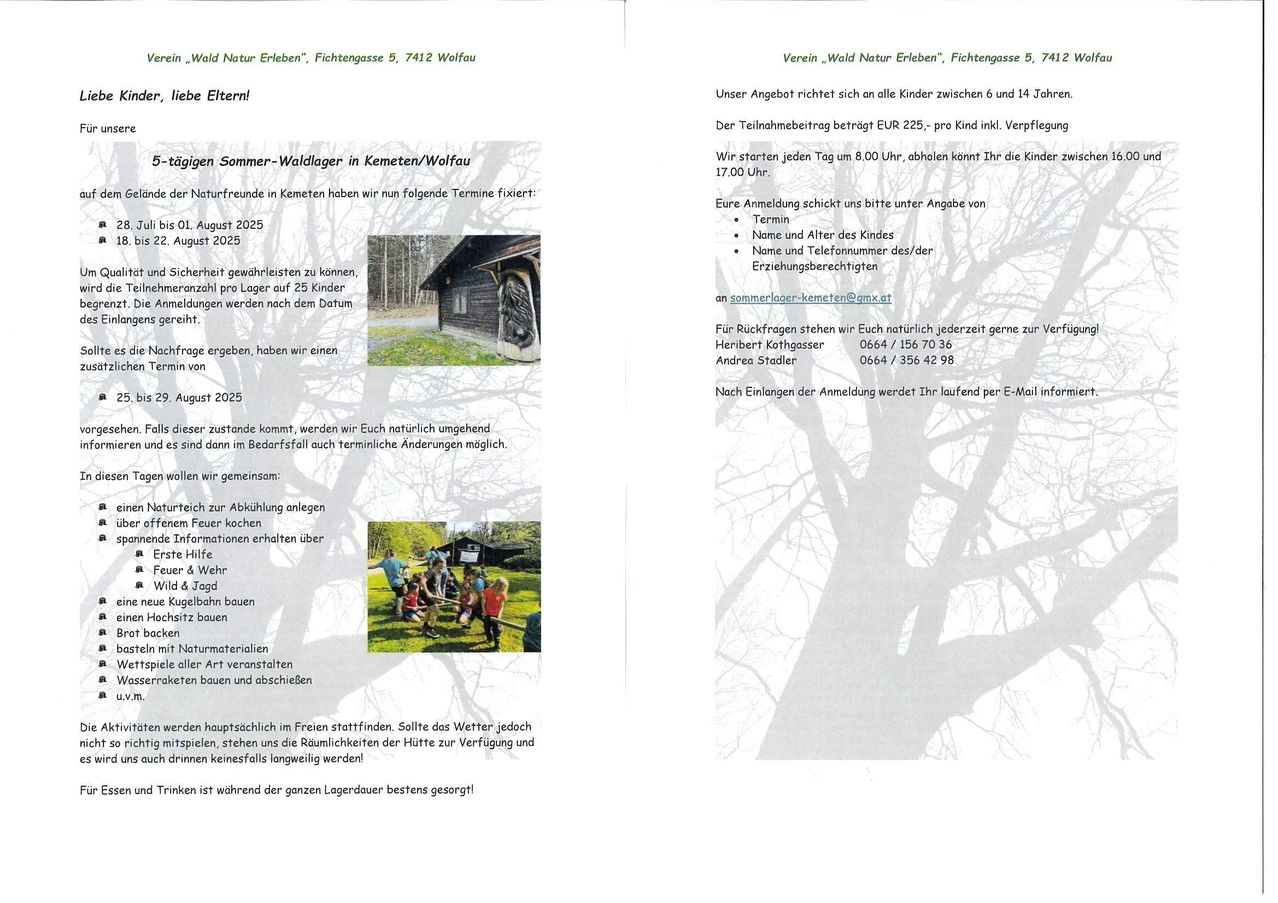 Das Bild zeigt einen Flyer für ein Sommerlager in Kemet/Wolfau. Es enthält Details zu Terminen, Gebühren und Anmeldeprozess. Der Flyer bietet auch Kontaktdaten für Rückfragen.