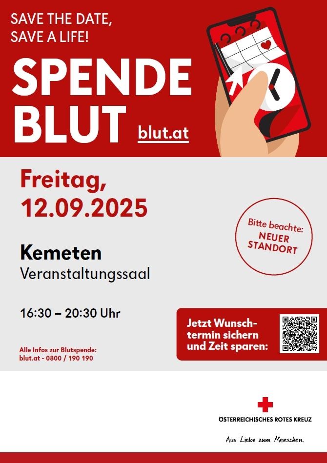 Ein Plakat für eine Blutspendeveranstaltung im Kemet Veranstaltungssaal am Freitag, 12.09.2025, von 16:30 bis 20:30 Uhr. Es enthält einen QR-Code für die Anmeldung.