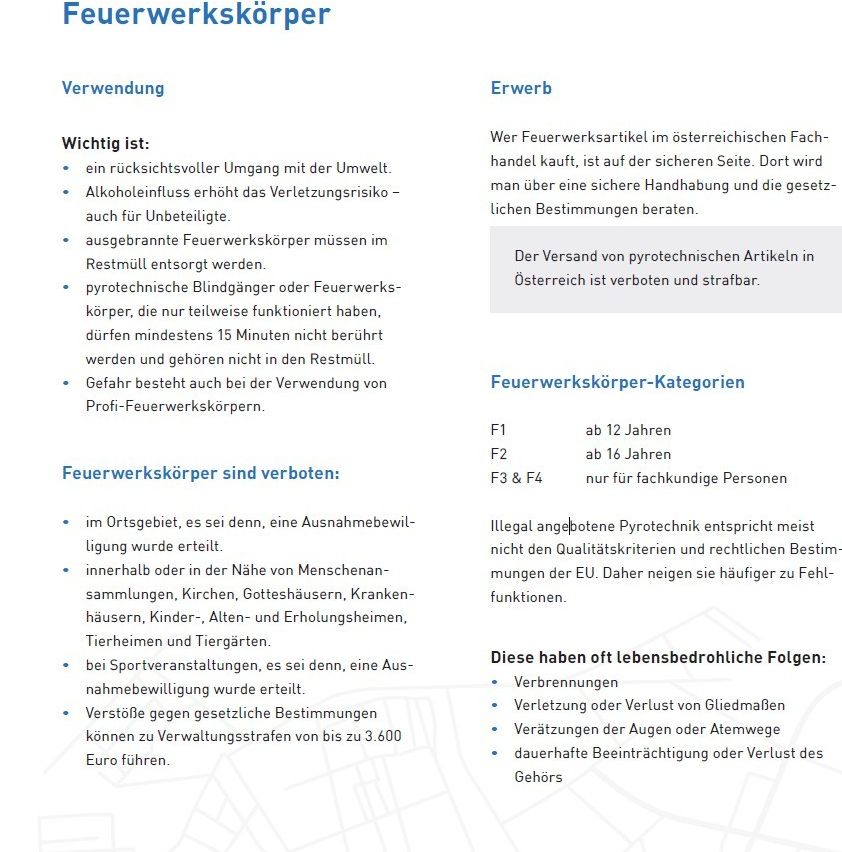 Informationen zur Verwendung von Pyrotechnikartikeln. Alkohol erhöht das Verletzungsrisiko - auch bei Unbeteiligten. Verbotene Feuerwerkskörper müssen aus Ruhegebieten entfernt werden. Pyrotechnische Blendgänger oder Feuerwerkskörper, die nur teilweise funktionieren, dürfen nicht in Wohngebieten, Kirchen, Krankenhäusern usw. verwendet werden.