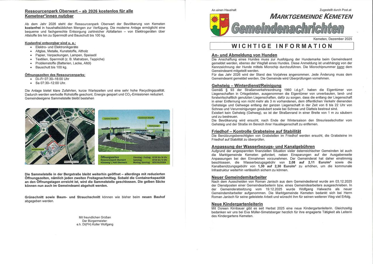 Der Ressourcenpark Oberwart versorgt die Bevölkerung von Kemeten nachhaltig. Moderne Technik ermöglicht eine gerechte Energieverteilung zu höheren Abfällen - von Elektrogeräten über perm. und Bauschutt bis 100 kg.