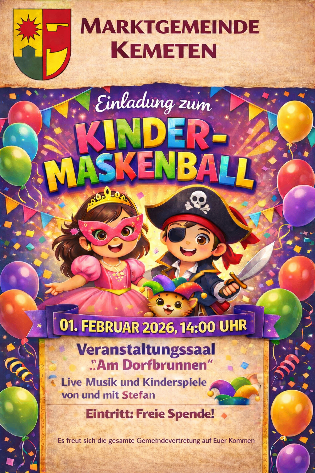 Einladungsposter zum Kindermaskenball mit einem Mädchen in Rosa und einem Jungen in Piratenkostüm. Veranstaltungsdatum: 1. Februar 2026, 14:00 Uhr. Ort: Am Dorfbrunnen. Mit Live-Musik und Kinderspielen.