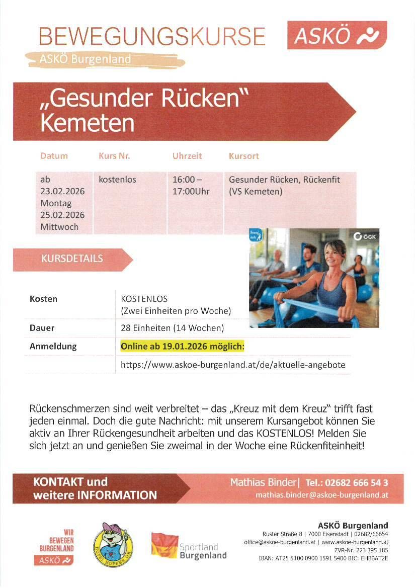 Der Flyer bewirbt einen kostenlosen Rückenfitnesskurs in Kemeten. Er läuft vom 23.02.2026 bis 25.02.2026 montags und mittwochs von 16:00 bis 17:00 Uhr. Der Flyer enthält ein Bild von Menschen, die auf Fitnessbällen trainieren. Er bietet eine Kontaktnummer und E-Mail für weitere Informationen an.