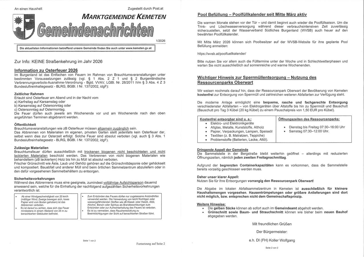 The document is an official notice from the community of Kemeten, dated 1/2026. It provides information about pool refilling, important notes on spermicide disposal, and a call for waste disposal on specific days. It also mentions the need for a designated person to oversee safety measures and the hours of operation for the local recycling center.