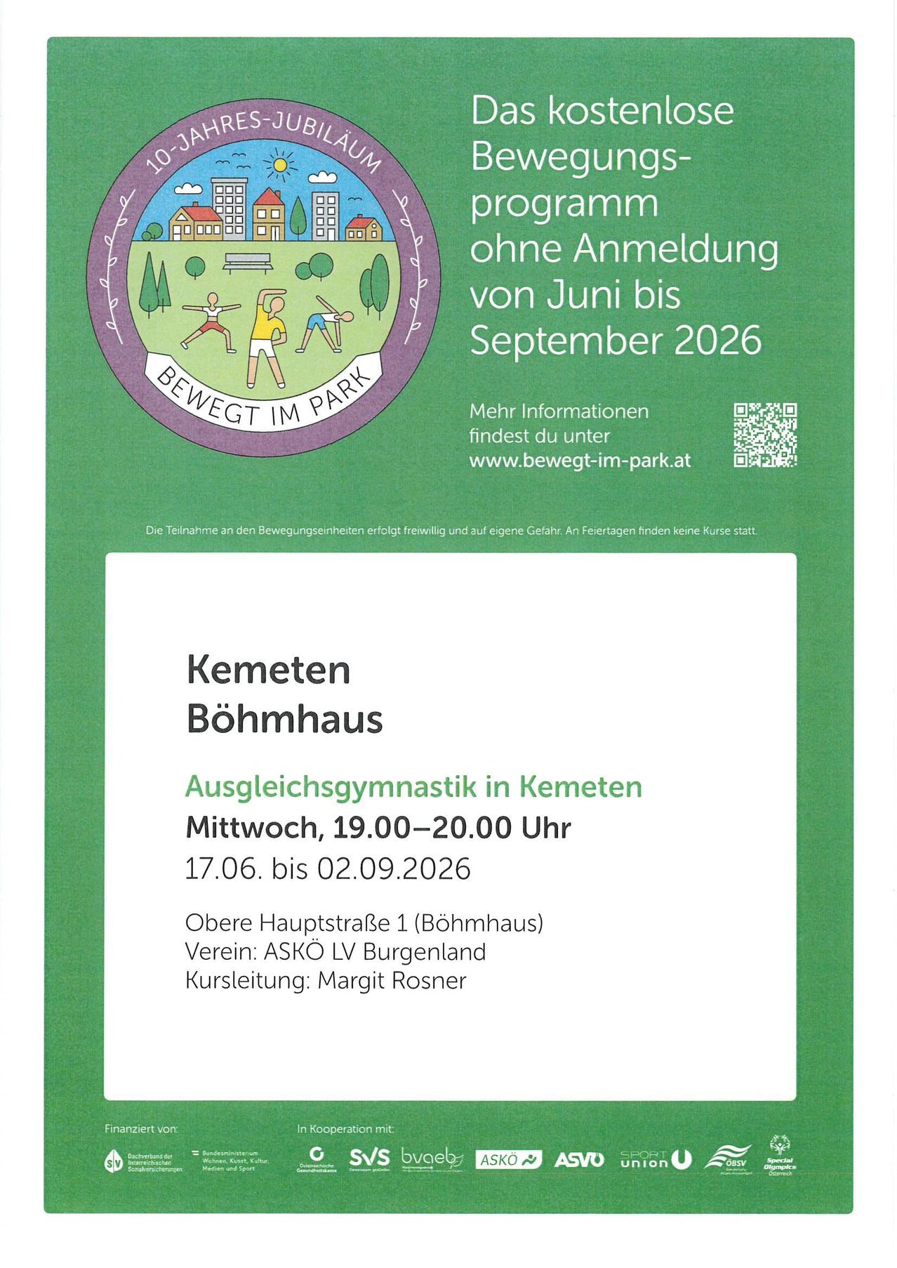 Flyer for a park workout program without registration from June to September 2026. The sessions are on Wednesdays from 19:00 to 20:00 at Obere Hauptstraße 1, Böhmhaus. Organized by ASKÖ LV Burgenland.