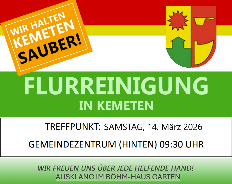 Plakat für eine Gemeinde-Säuberungsaktion in Kemeten. Die Veranstaltung ist für Samstag, den 14. März 2026, im Gemeindezentrum geplant, beginnend um 09:30 Uhr. Freiwillige sind willkommen.