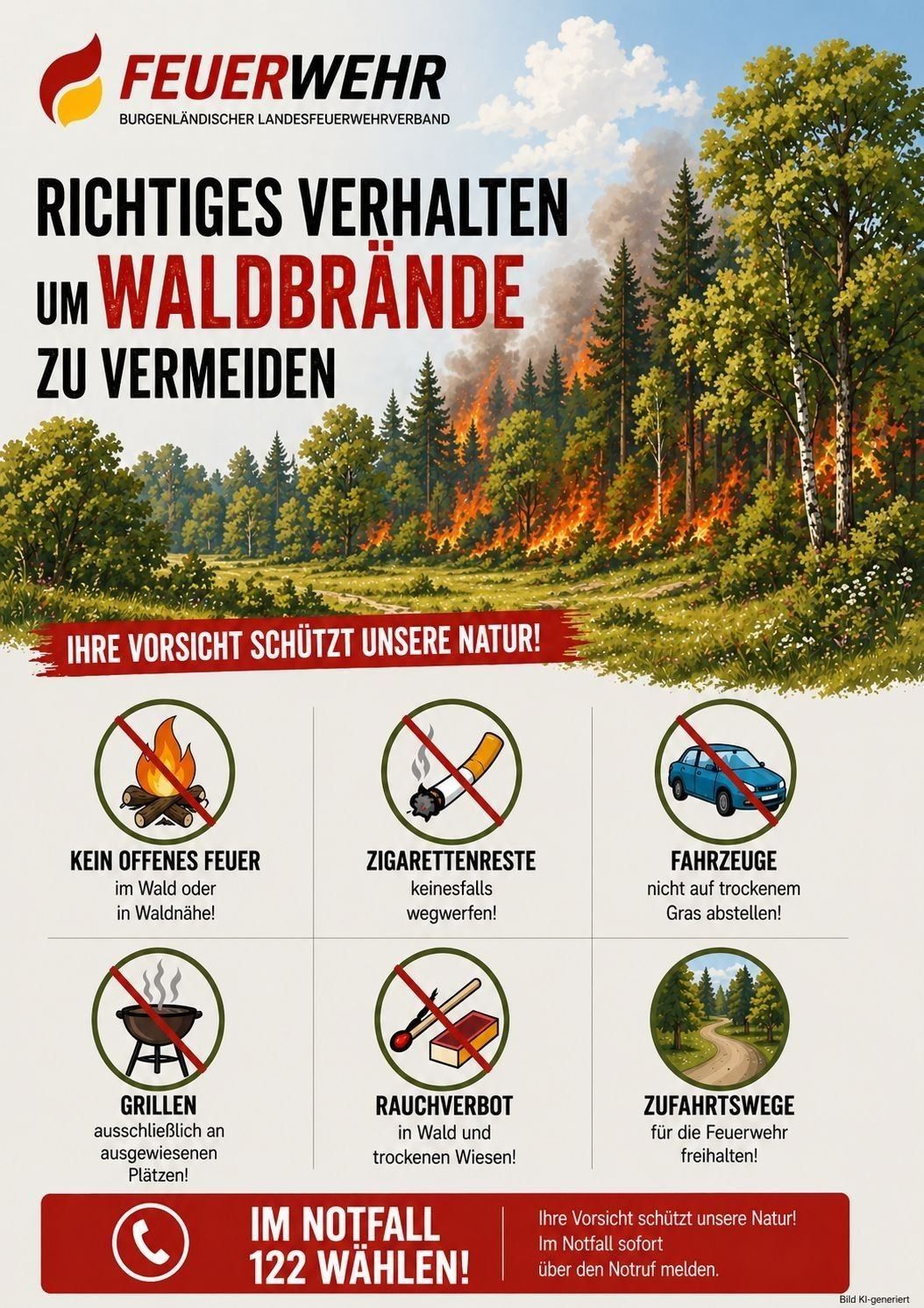Ein Infografik mit einem Waldbrandhintergrund, der die Bedeutung der Verhinderung von Waldbränden betont. Es listet zu vermeidende Handlungen auf, wie offenes Feuer, Zigarettenkippen und Fahrzeuge auf trockenem Gras. Es rät auch davon ab, im Wald zu grillen und zu rauchen.