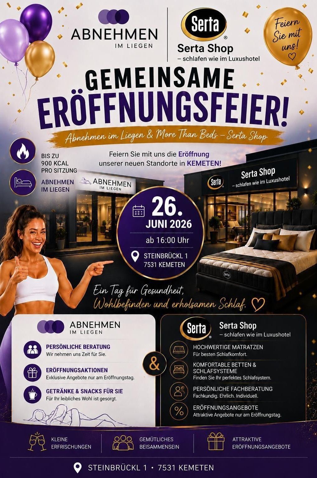 Plakat für eine Ladeneröffnungsveranstaltung am 26. Juni 2026, mit einer Frau, die zeigt, einem modernen Gebäude und Produkthighlights. Die Veranstaltung verspricht persönliche Beratungen, Matratzen und exklusive Angebote.