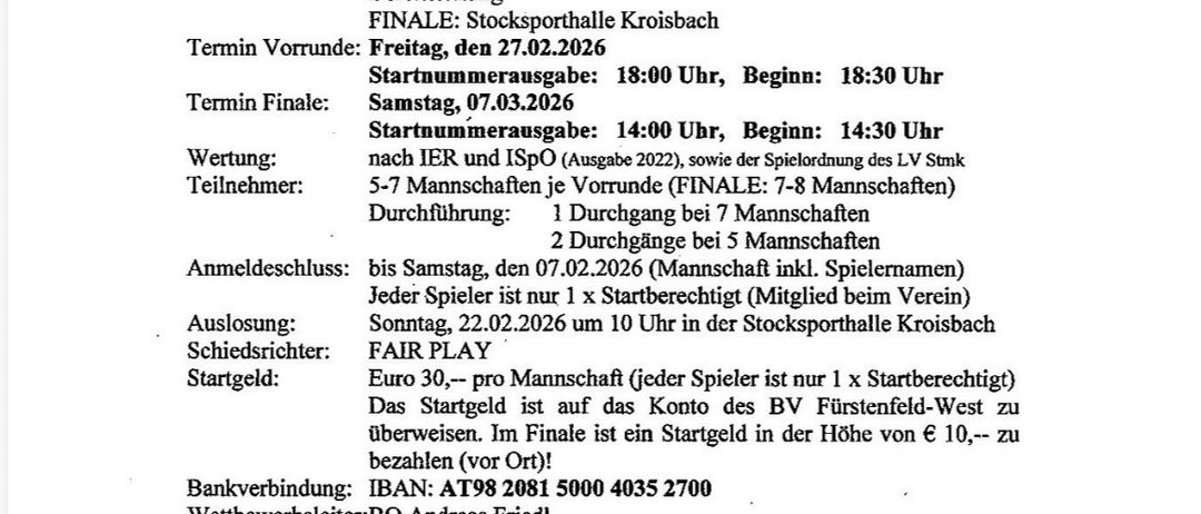 Ausschreibung für Bezirks-DUO-Cup 2026 vom Bezirkverband Fld.-West. Vorlauf am Fr, 27.02.2026. Finale am Sa, 07.03.2026. Ort: Verschiedene Orte nach Bedarf und Vorlieben. Start/Ziel: Kroisbach. Teilnehmergebühr: 30 € pro Person. Bankverbindung angegeben.