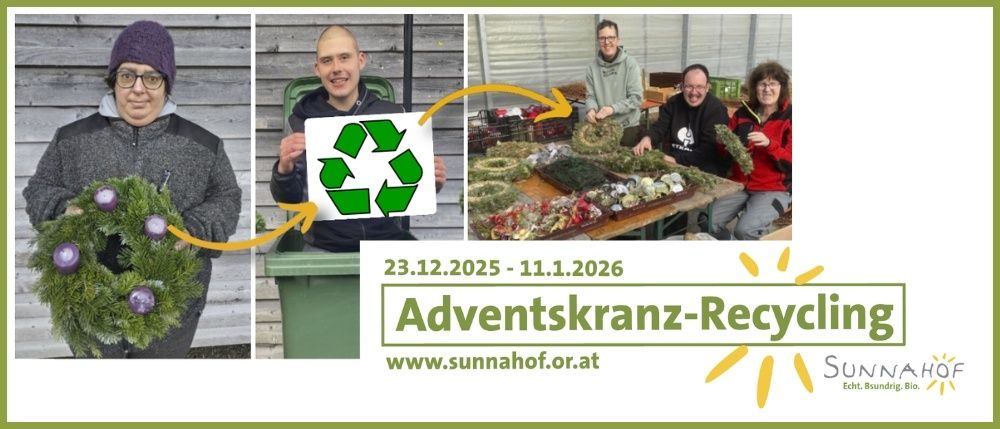Eine Collage von Menschen, die Kränze und Recyclingschilder halten, mit einer Website für weitere Informationen.