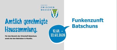 Plakat der Gemeinde Zwischen Wasser mit Ankündigung einer genehmigten Sammlung von Fledermäusen vom 12.01. bis 22.02.2026. Es zeigt ein Logo.