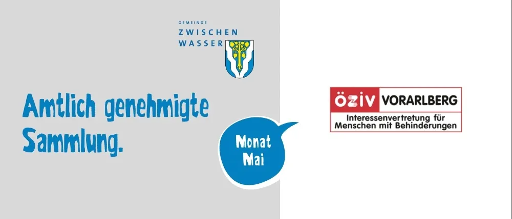 Das Bild zeigt ein Logo der Gemeinde Zwischen Wasser, mit einem stilisierten Baumdesign, und eine blaue Sprechblase mit dem Text 'Monat Mai'. Rechts befindet sich ein rotes Logo von OEIV, einer Interessenvertretung für Menschen mit Behinderungen.