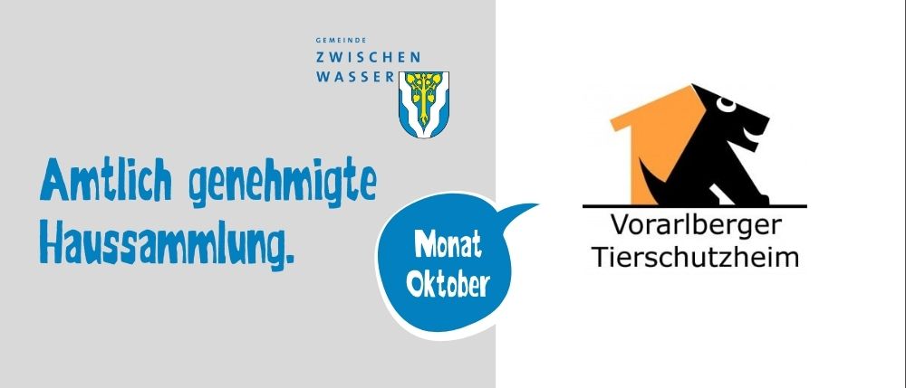 Das Bild zeigt eine Ankündigung der deutschen Gemeinde. Es enthält ein Logo mit einem Baum und einer Welle, Text 'Zwischen Wasser' und eine blaue Sprechblase mit dem Wort 'Monat'. Es hat auch ein schwarzes Hundelogo für das 'Vorarlberger Tierschutzheim'.