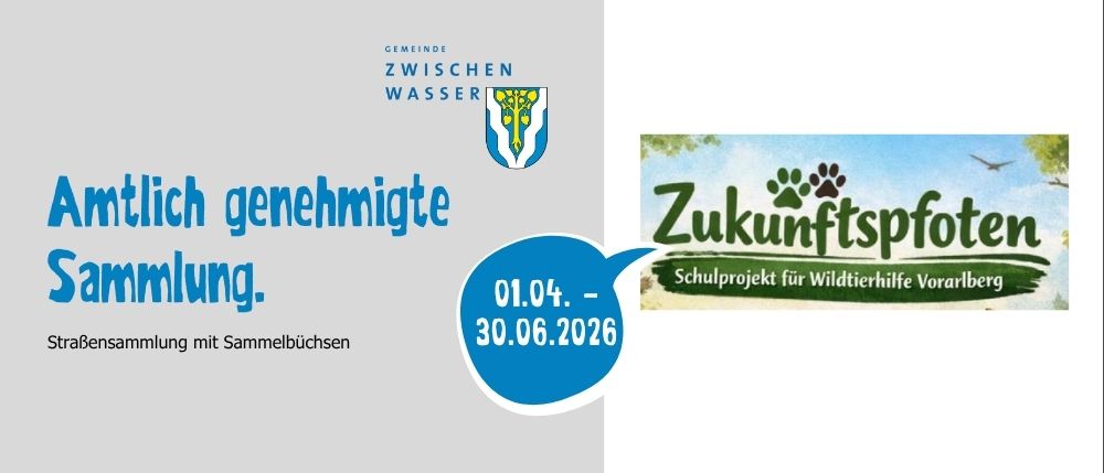 Poster mit einem Bild eines Hundepfote und dem Text 'Zukunftsprojekt fur Wildtierhilfe Vorarlberg'. Auf der linken Seite ist ein deutscher Text mit einem Datumsbereich 01.04-30.06.2026.