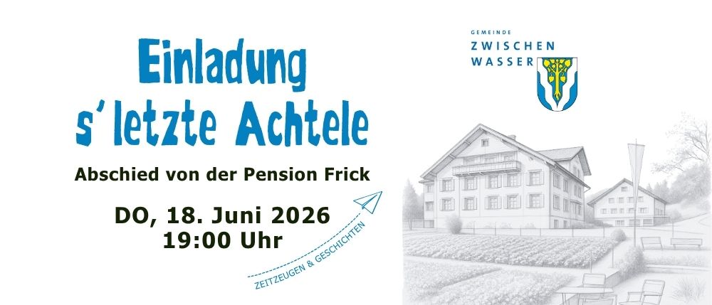 Einladung zum letzten Abend mit Frick vor der Pension. 18. Juni 2026, um 19:00 Uhr. Die Gemeinde Zwischen Wasser.