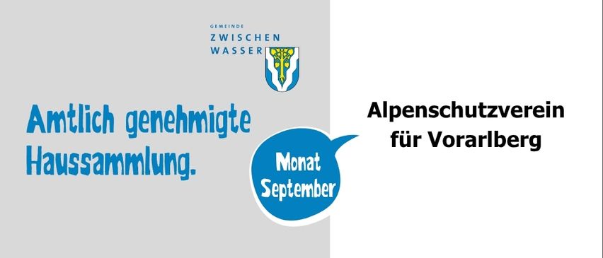 Ein blauer Sprechblase mit den Worten 'Monat September' auf einem weißen Hintergrund. Das Bild enthält auch ein Logo und Text, der 'Alpenschutzverein für Vorarlberg' lautet.