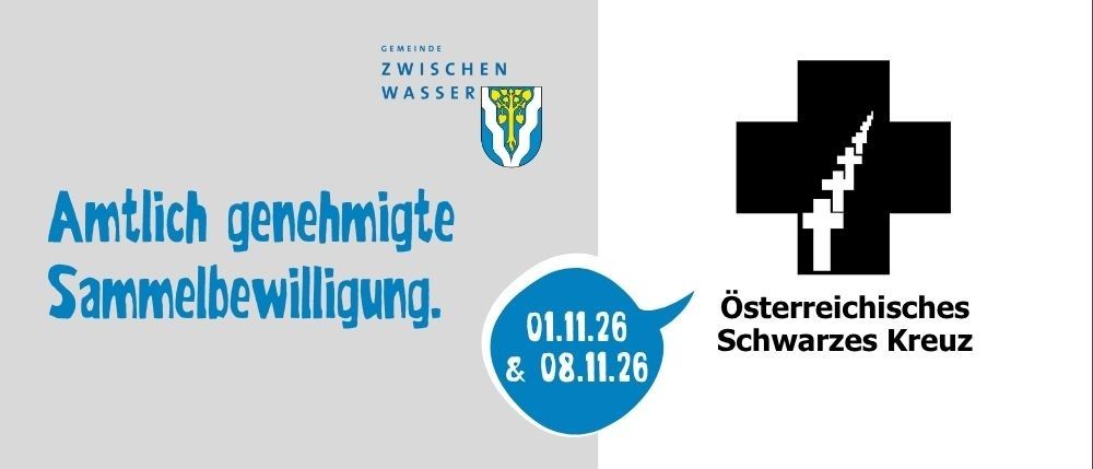 An advertisement for a community event on November 1st and 8th, 2026, featuring a blue speech bubble with dates and a logo for 'Gemeinde Zwischen Wasser'.