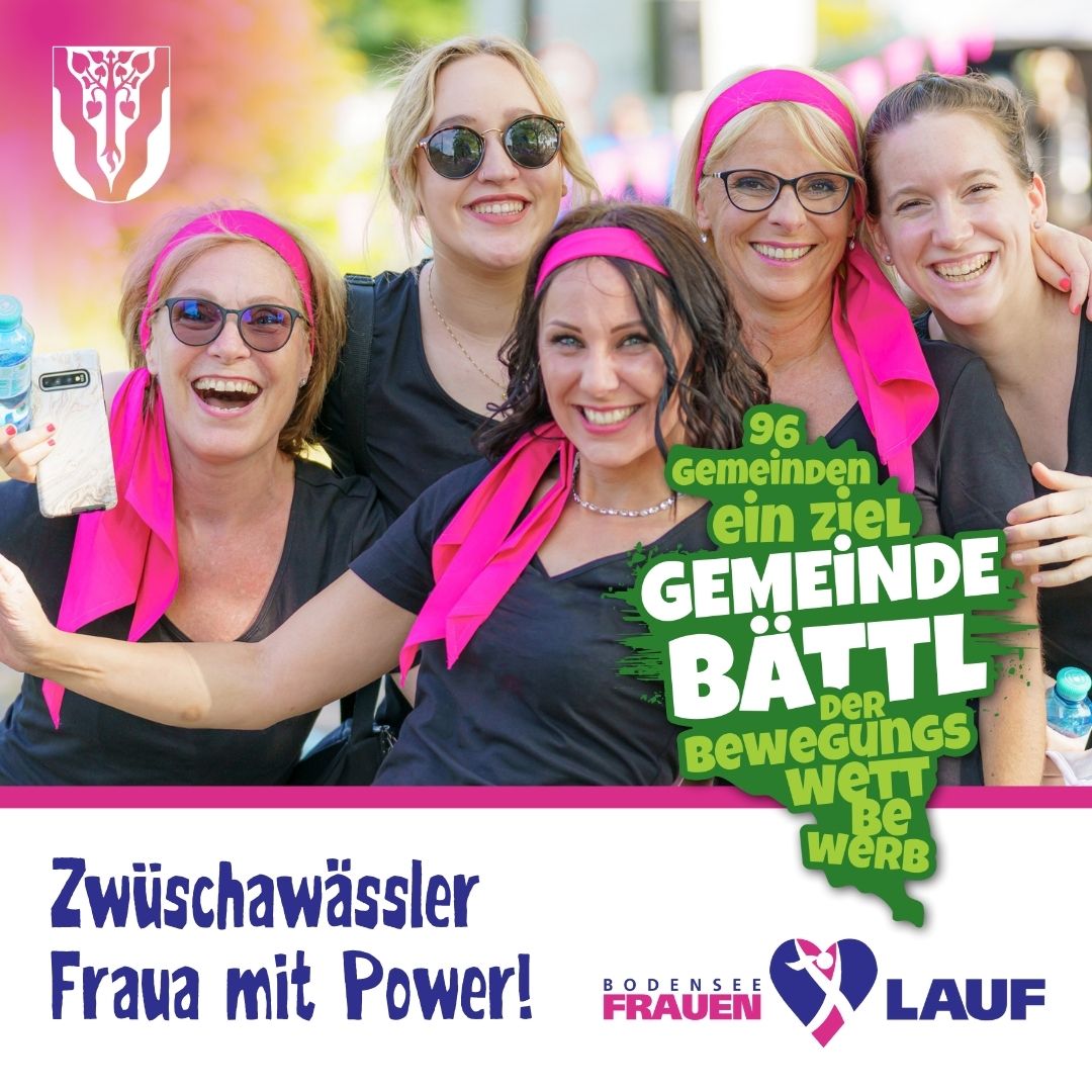 Fünf Frauen mit pinken Stirnbändern, lächelnd und für ein Foto posierend. Eine grüne Karte mit Text steht '96 Gemeinden ein Ziel'. Unten steht 'Zwischen den Gewässern, eine Frau mit Power!' und Logos für Bodensee Frauen und Lauf.