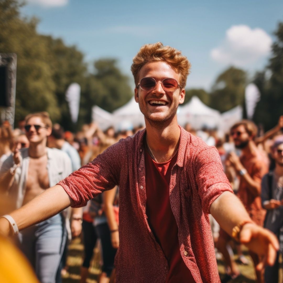 Ein lächelnder Mann mit lockigen Haaren tanzt auf einem Festival. Im Hintergrund tanzen weitere Menschen und weiße Zelte sind sichtbar.