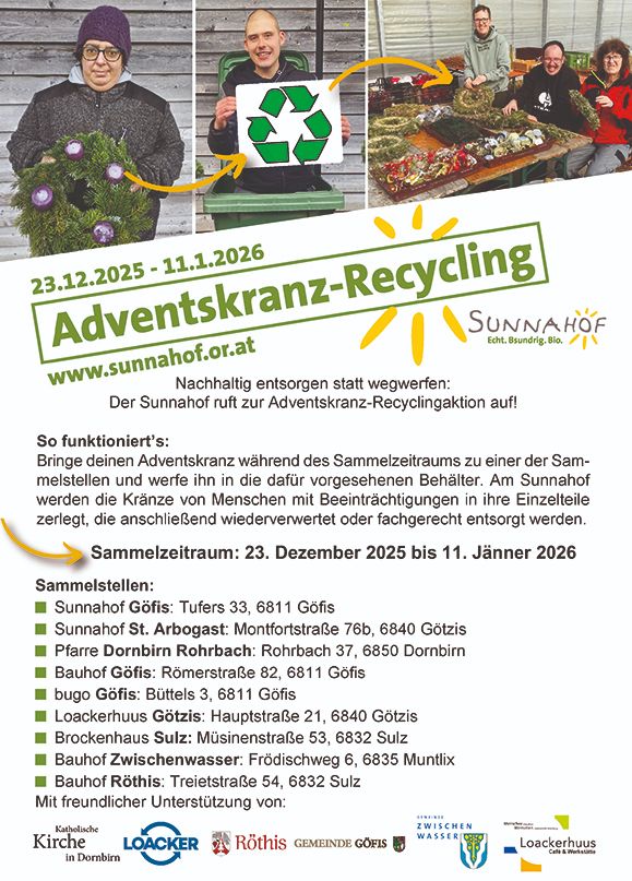 Plakat für Adventskranz-Recycling-Aktion. Datum: 23. Dezember 2025 bis 11. Januar 2026. Sammeln Sie Kränze an verschiedenen Orten.