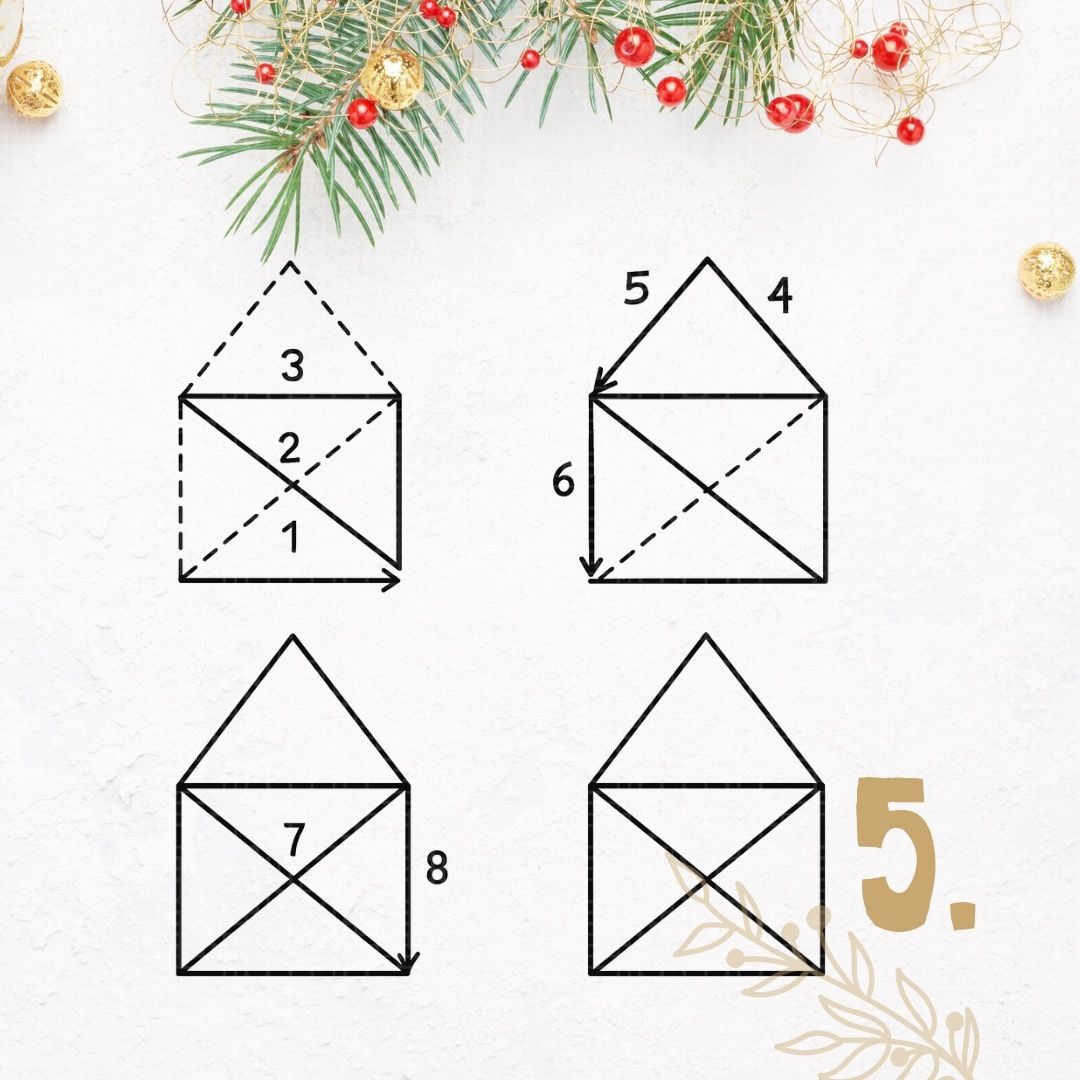 Abbildung eines schrittweisen Prozesses zum Falten eines Umschlags, mit den Nummern 1 bis 8, wobei die Nummern 5 und 6 den letzten Schritt anzeigen.
