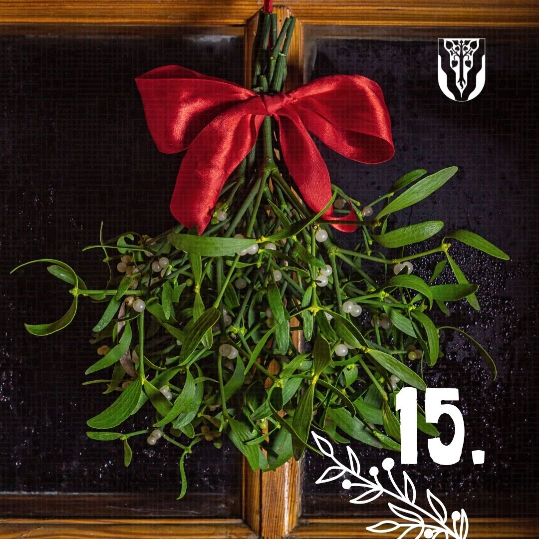 Ein Kranz aus Mistelzweigen mit weißen Beeren und einer roten Schleife hängt an einer Holztür. Die Nummer 15 ist in Weiß unten rechts geschrieben.