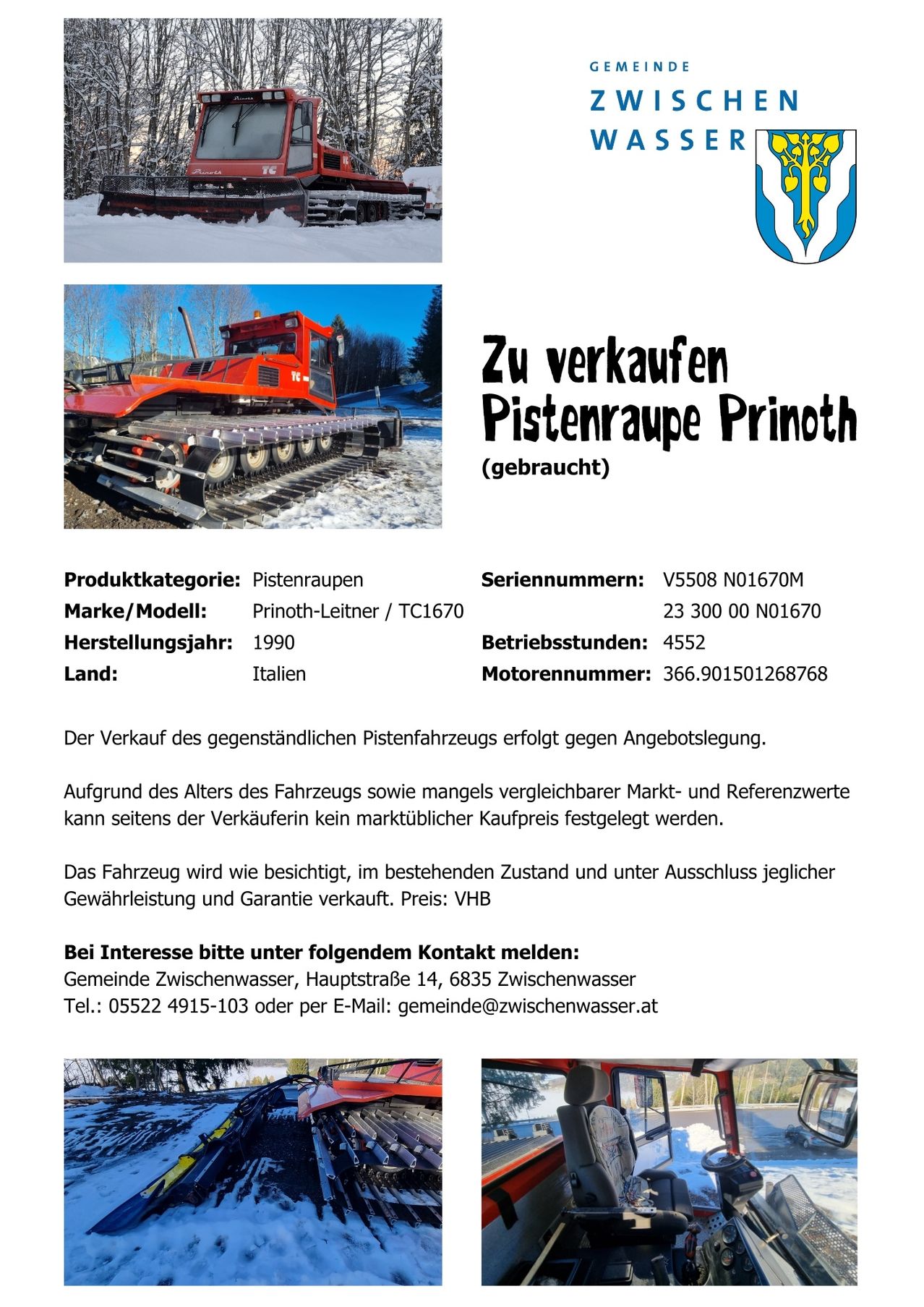 Eine Anzeige für einen gebrauchten Schneepflug mit rotem Gehäuse ist zu sehen. Produktkategorie: Schneepflüge. Marke/Modell: Prinoth-Leitner/TC1670. Produktionsjahr: 1990. Land: Italien. Kein Angebotspreis. Fahrzeug wird verkauft wie besichtigt.