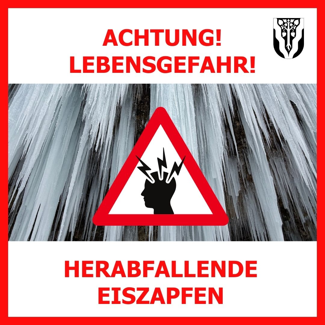 Ein rotes Warnschild vor dem Hintergrund von Eisformationen. Es steht 'ACHTUNG! LEBENSGEFAHR!' über einer Silhouette eines Kopfes mit Blitzen. Darunter wird 'HERABFALLENDE EIZZAPFEN' angezeigt.