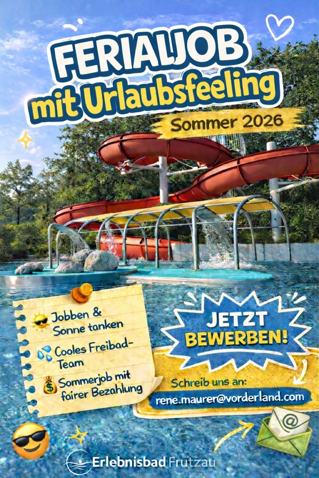 An advertisement for a summer 2026 job with vacation pay. Features a water slide and a pool. A note with job details and benefits. Call to action: Apply now!