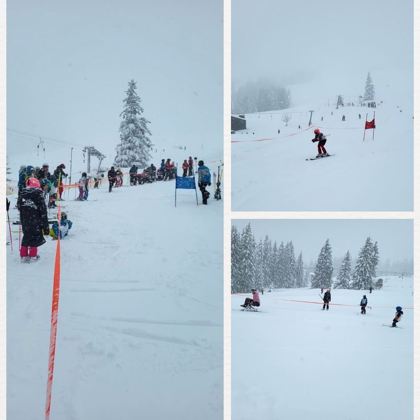 Drei Fotos einer verschneiten Skipiste. Eine zeigt einen Skifahrer, eine andere eine Gruppe von Menschen und das dritte ein Skifahrer mit einer Fahne.