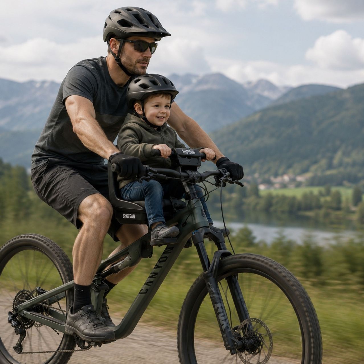 Ein Mann fährt mit einem kleinen Kind vor sich auf einem grünen Mountainbike auf einer malerischen Straße mit Bergen und einem Fluss im Hintergrund.