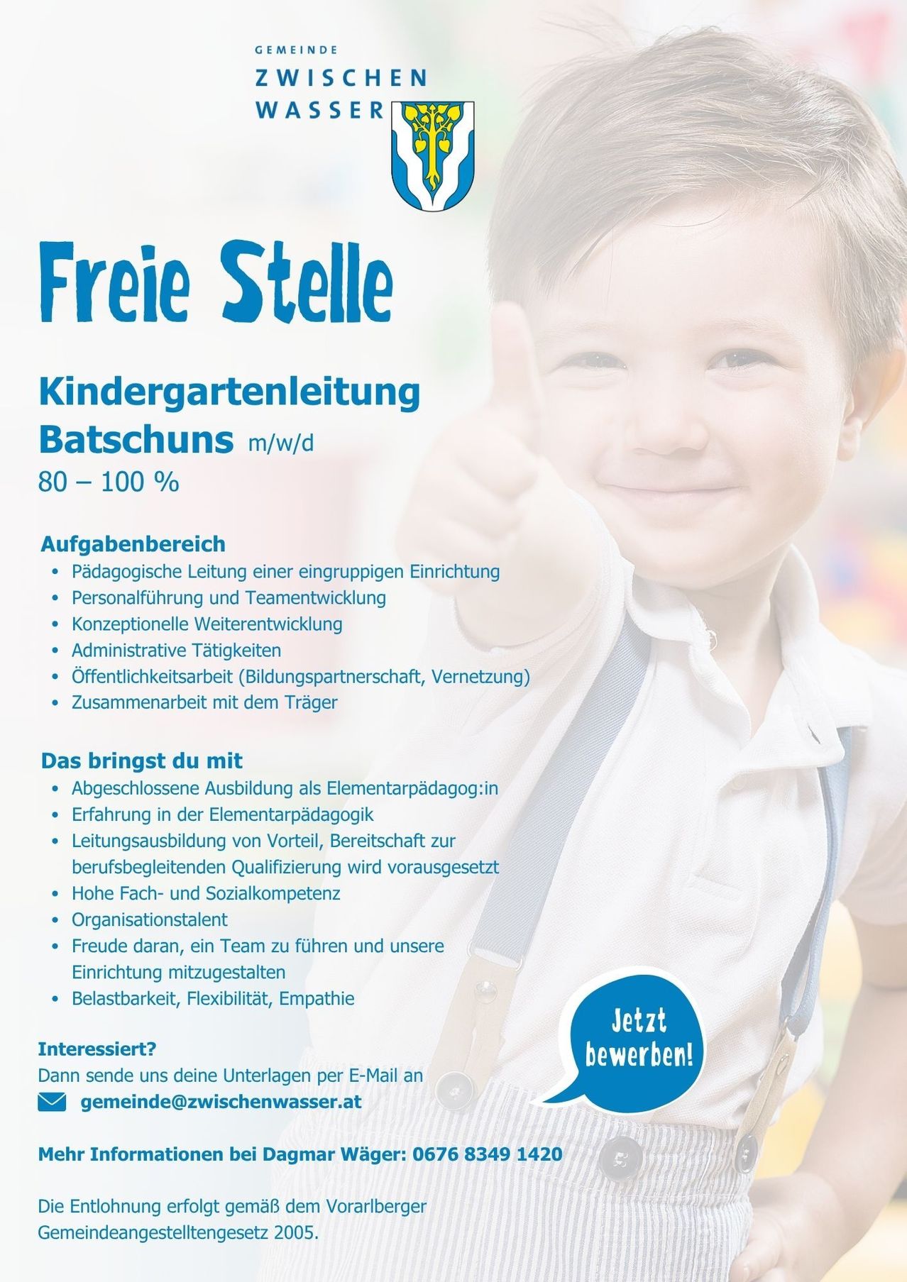 A poster advertising a job opening for a kindergarten leader in Batschuns, featuring a smiling child and a list of job responsibilities and requirements.