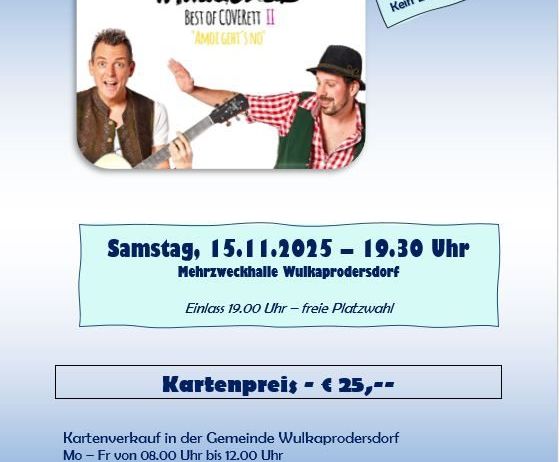 Plakat für eine Kabarettveranstaltung. Es zeigt zwei Männer, die mit Gitarren auftreten, mit dem Titel 'Best of Coverett II'. Veranstaltungsdatum ist Samstag, 15.1.2025, um 19:30 Uhr. Der Ticketpreis beträgt 25 €.