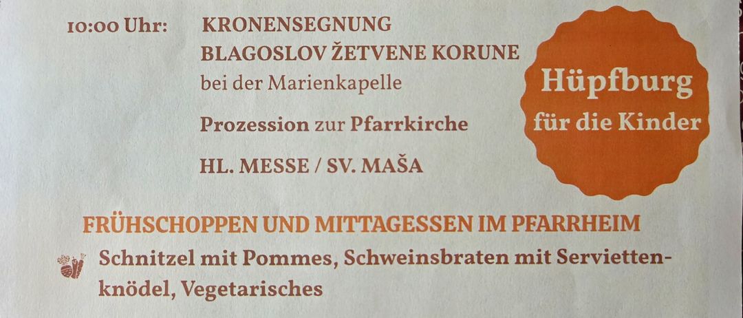 Plakat für Erntedankfest mit Datum und Aktivitäten. Veranstaltungen umfassen eine Kronensegen, Prozession, Heilige Messe und einen Kinderumzug. Speisen umfassen Schnitzel, Bratwurst und vegetarische Optionen.